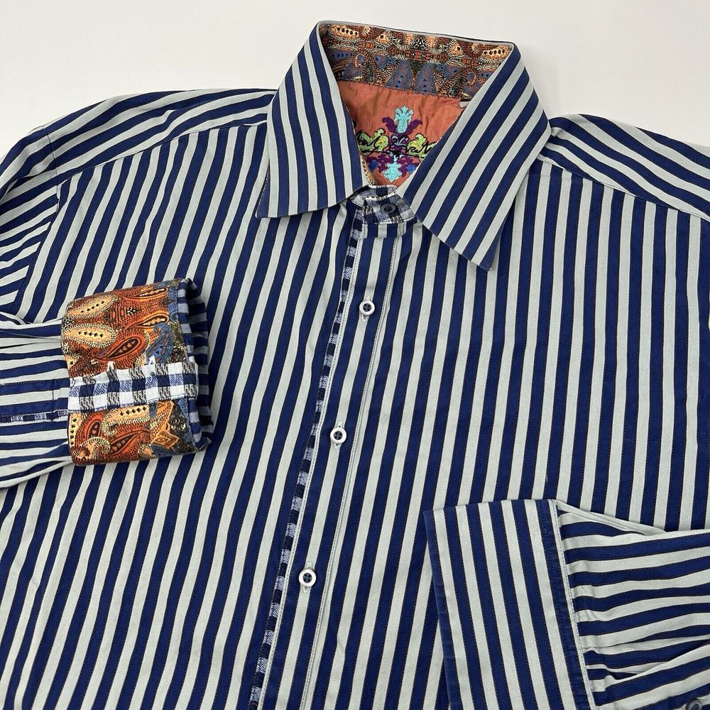Robert Graham Paisley Flip Cuffs Long Sleeve Button Shirt Blue‎ Stripe Men's XL